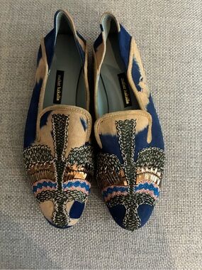 Meher Kakalia Blue and Tan Embellished Pointed Loafers